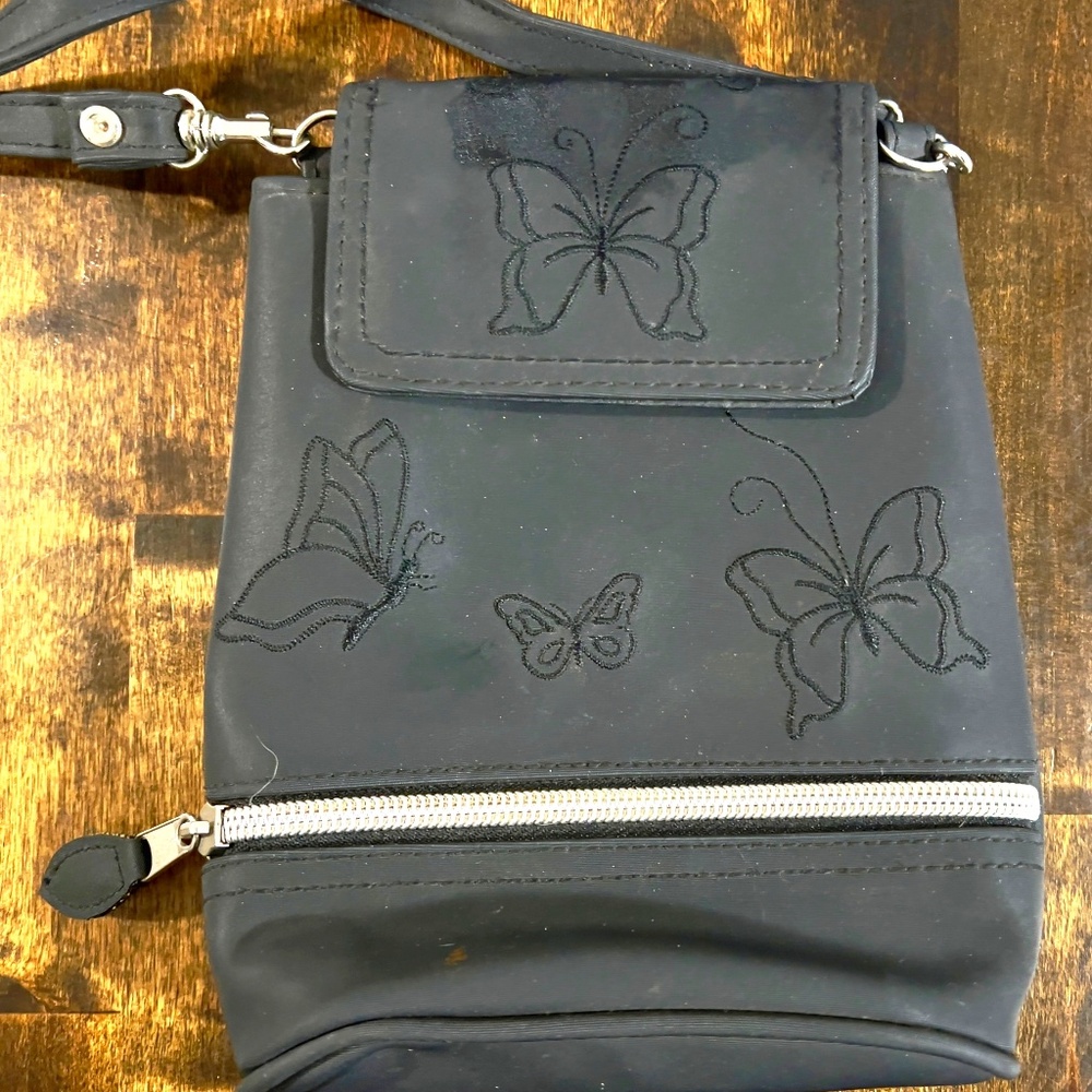 Embroidered Butterly Black Travel Purse Mini Small Bag Pouch Long Strap